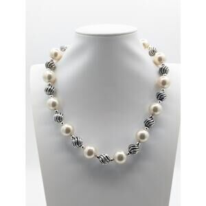 16mm Acrylic Faux Pearl Swirl Silver Tone Bead Choker 17.5"-20.5" Necklace